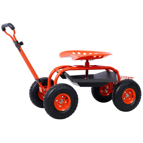 Garden cart rolling scooter, adjustable height with 4 wheels and extendable handle with 360 degree seat and tool tray (red)