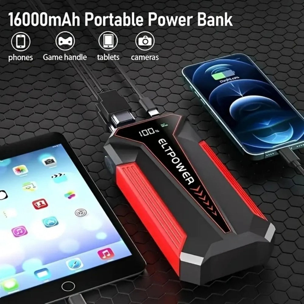 20000 MAh Car Jump Starter Power Supply With Dual USB Fast Charging And Red LED Light.