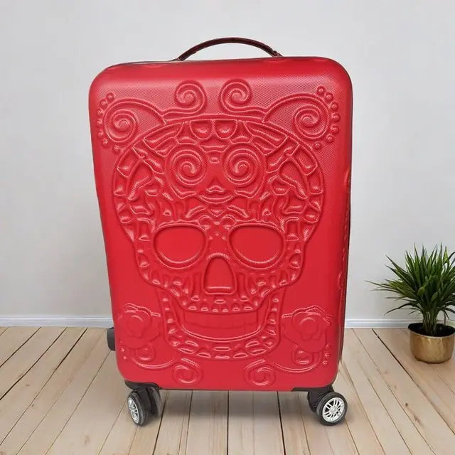 24 inc Black Skull Rolling Luggage Check In M Size Spinner Hardside Trolley Suitcase On Wheels