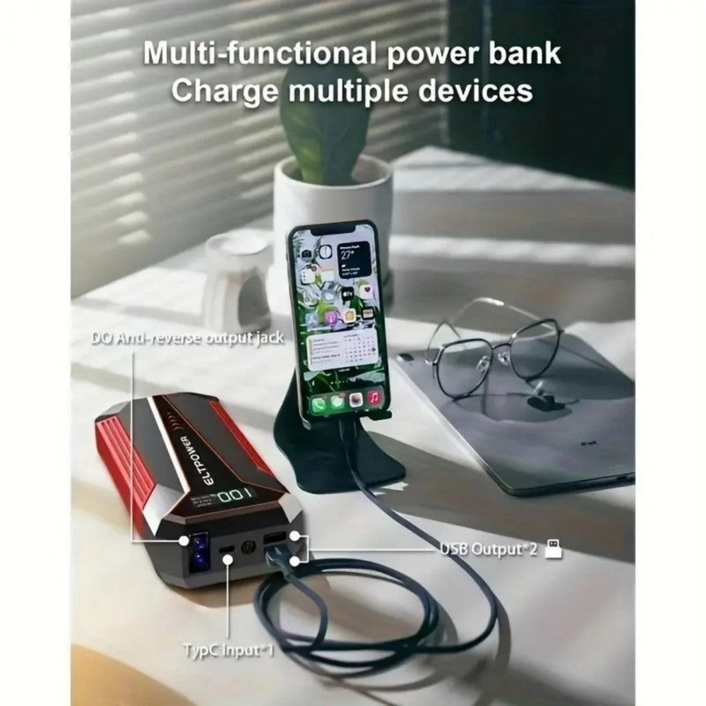 20000 MAh Car Jump Starter Power Supply With Dual USB Fast Charging And Red LED Light.