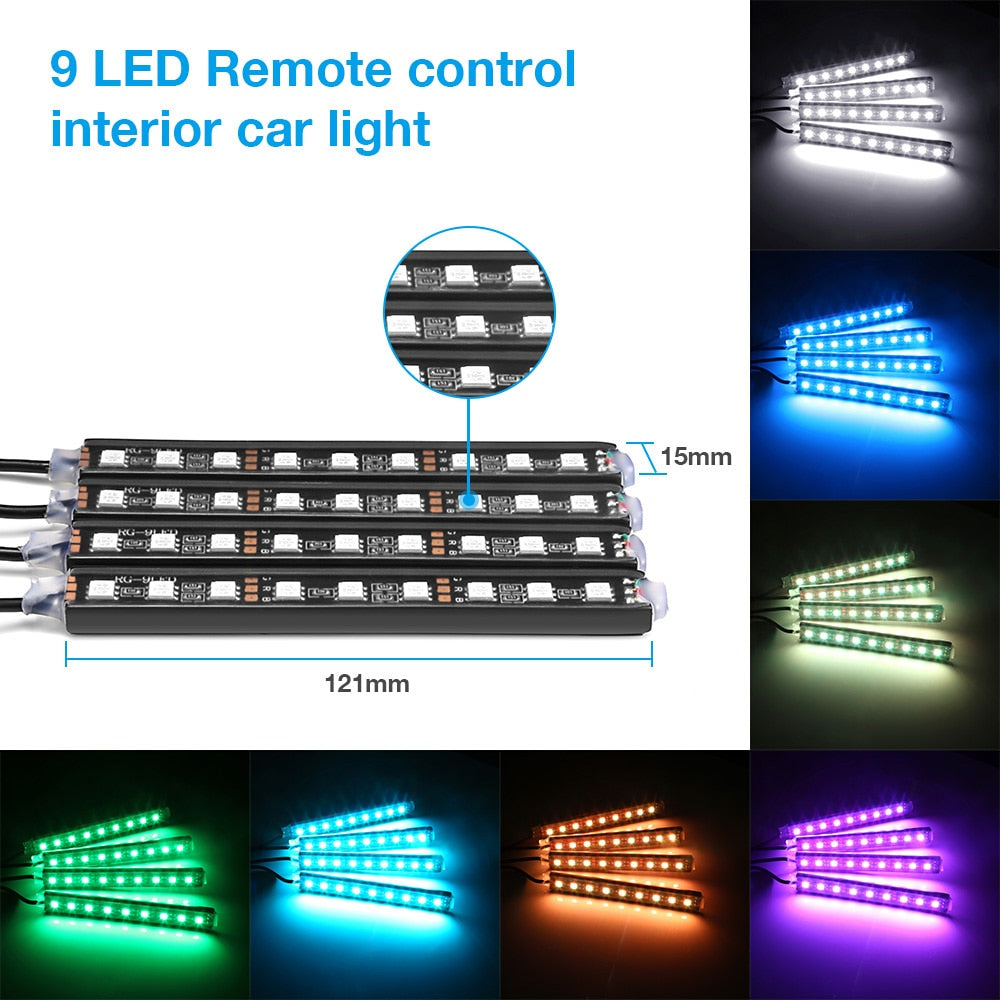 4pcs Car RGB LED Strip Light LED Strip Lights Colors Car Styling Decorative Atmosphere Lamps Car Interior Light With Remote