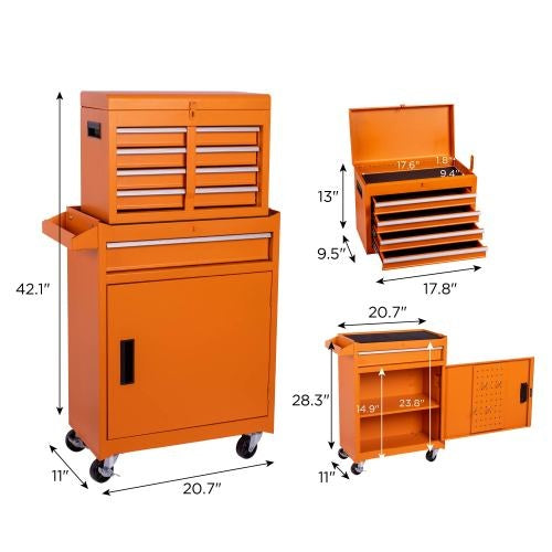 Tool Chest, 5-Drawer Rolling Tool Storage Cabinet With Detachable Top Tool Box, Liner, Universal Lockable Wheels, Adjustable Shelf, Locking Mechanism, Metal Tool Cart For Garage Workshop