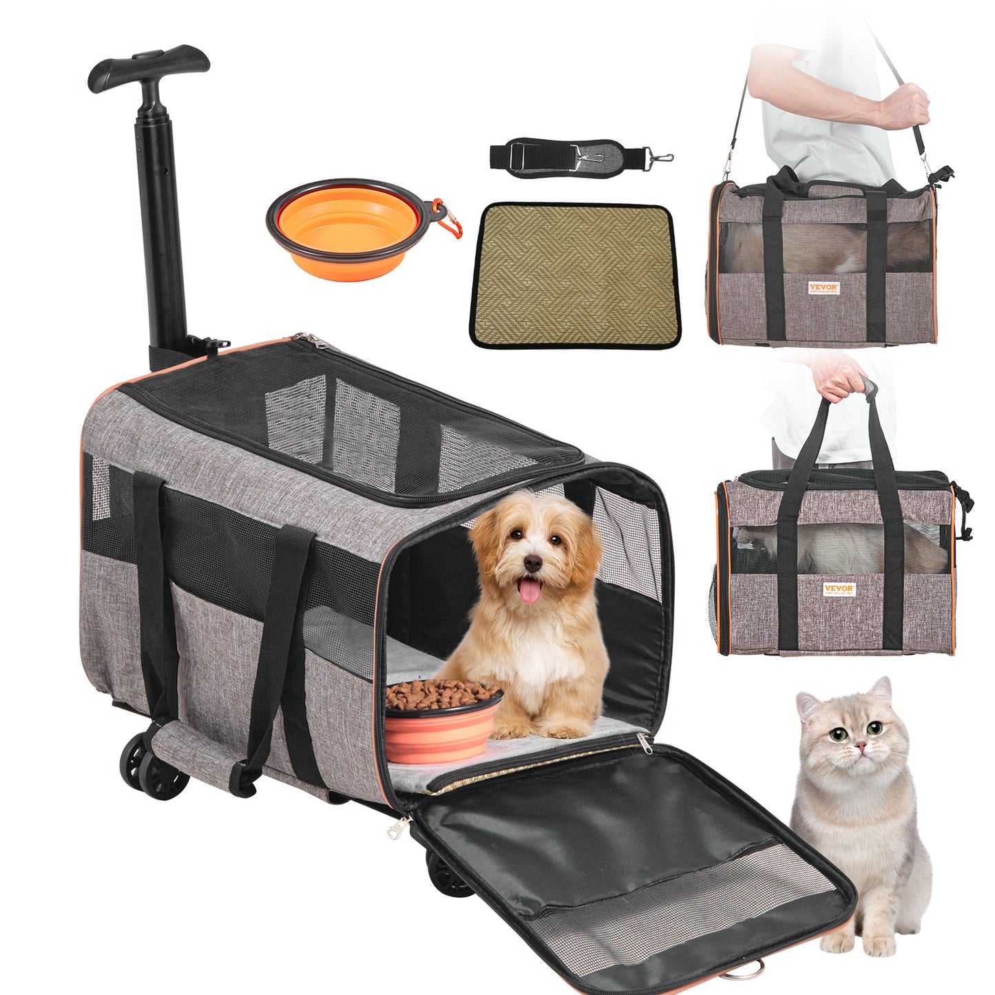 VEVOR Cat Carrier With Wheels, Airline Approved Rolling Pet Carrier With Telescopic Handle And Shoulder Strap, Dog Carrier With Wheels For Pets Under 22 Lbs, With 1 Folding Bowl, Grey