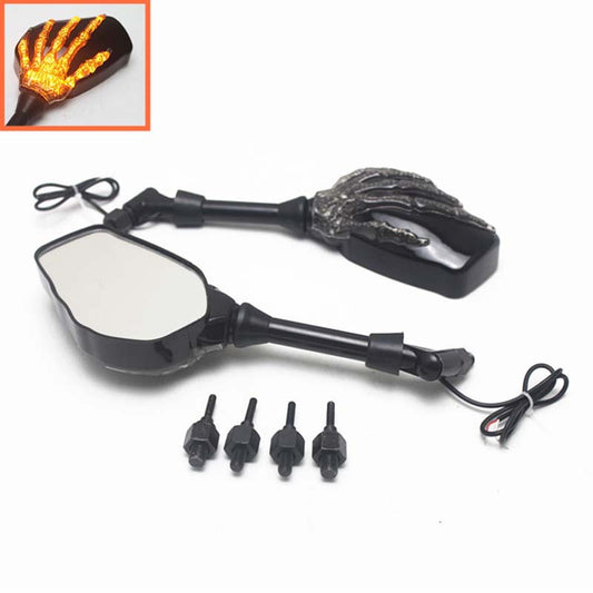 8mm 10mm Motorcycle Skeleton Skull Hand Claw Rearview Side Mirrors W/ Amber LED Turn Signal Lights For Harley Honda Universal