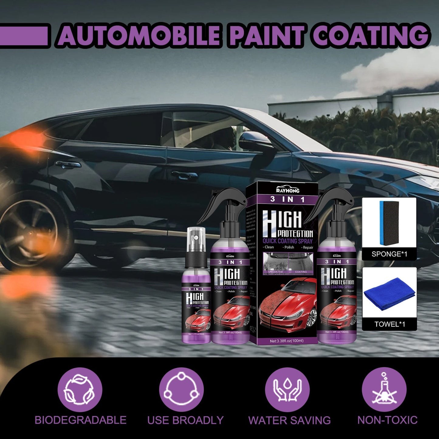 3-in-1 High Protection Fast Car Paint Spray Automatic Hand Paint Color Changing Cleaning Coating Spray