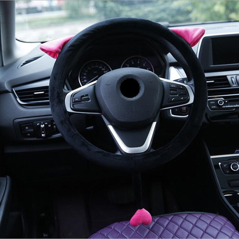 Cute Cat Ear Steering Wheel Cover Short Plush Winter Car Steering Wheel Covers For Girls