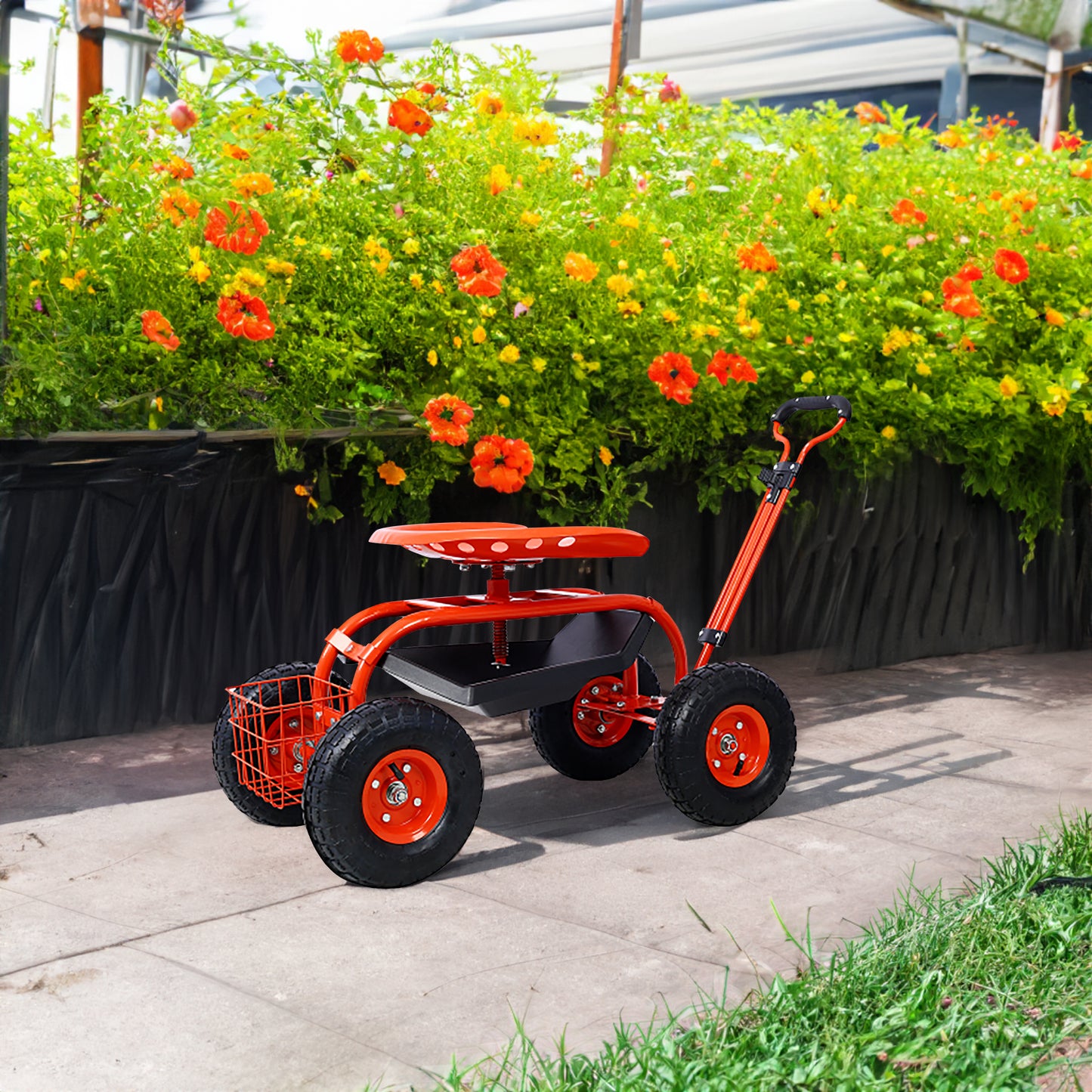 Garden cart rolling scooter, adjustable height with 4 wheels and extendable handle with 360 degree seat and tool tray (red)