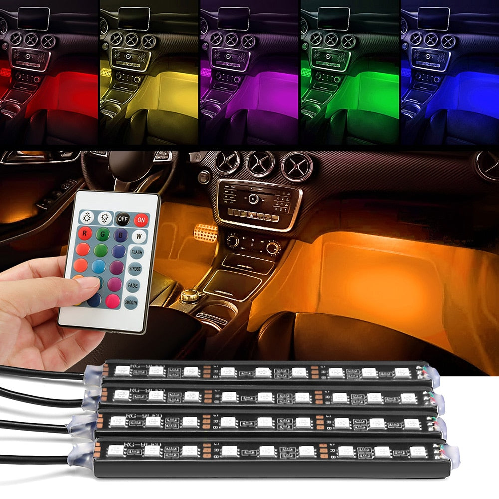 4pcs Car RGB LED Strip Light LED Strip Lights Colors Car Styling Decorative Atmosphere Lamps Car Interior Light With Remote