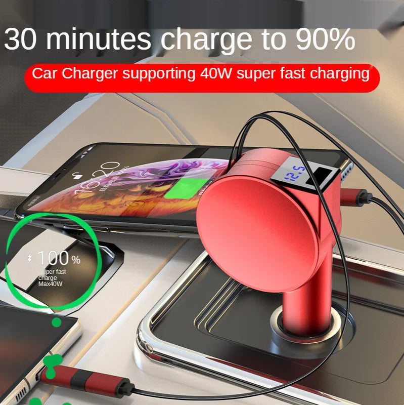 Vogek 3-in-1 Car Charger 60W Super Fast Charging for iPhone Xiaomi Huawei Samsung with Telescopic Charging Cables and Adapters