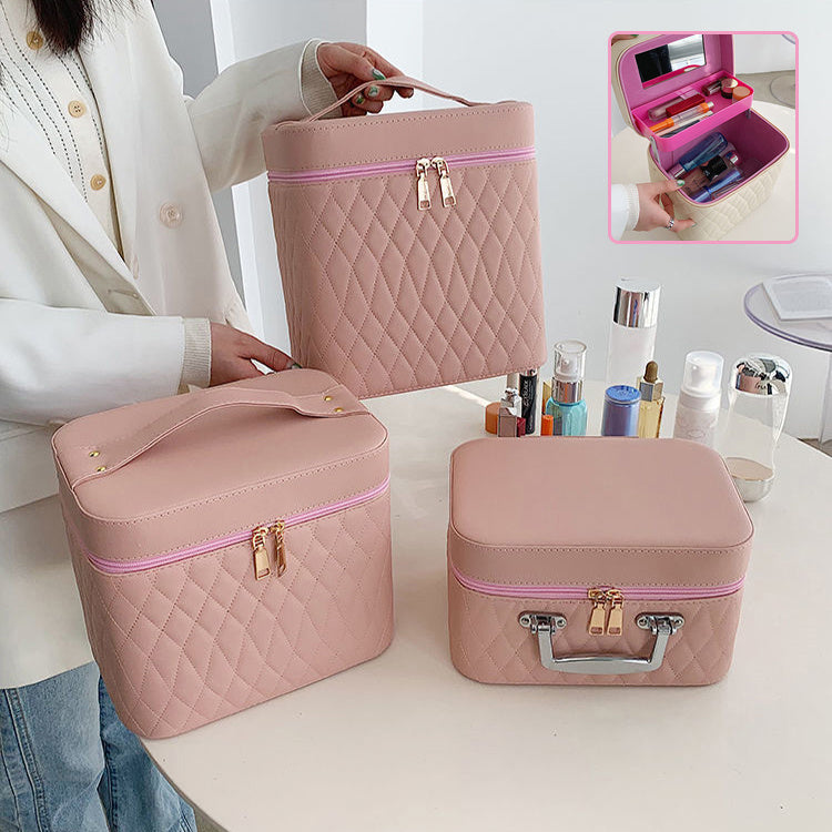 Portable Cosmetic Bag With Mirror Design Fashion Rhombus-Embroidery Double-layer Suitcase Large Capacity Make-up Storage Bags For Women