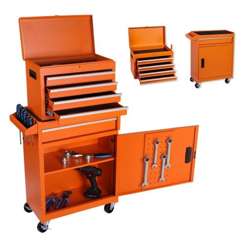 Tool Chest, 5-Drawer Rolling Tool Storage Cabinet With Detachable Top Tool Box, Liner, Universal Lockable Wheels, Adjustable Shelf, Locking Mechanism, Metal Tool Cart For Garage Workshop